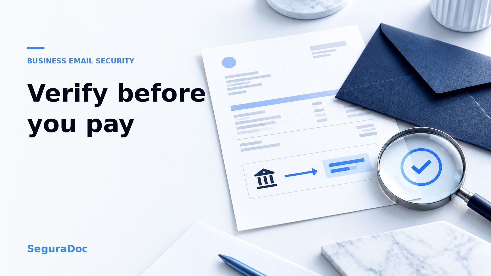 Invoice and envelope illustration with a magnifier and check mark; text reads ‘Verify before you pay’